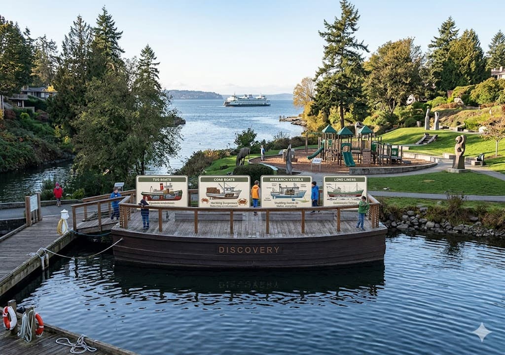 Concept rendering of the Discovery barge — a children's maritime learning area with interpretive signage about tug boats, crab boats, research vessels, and long liners