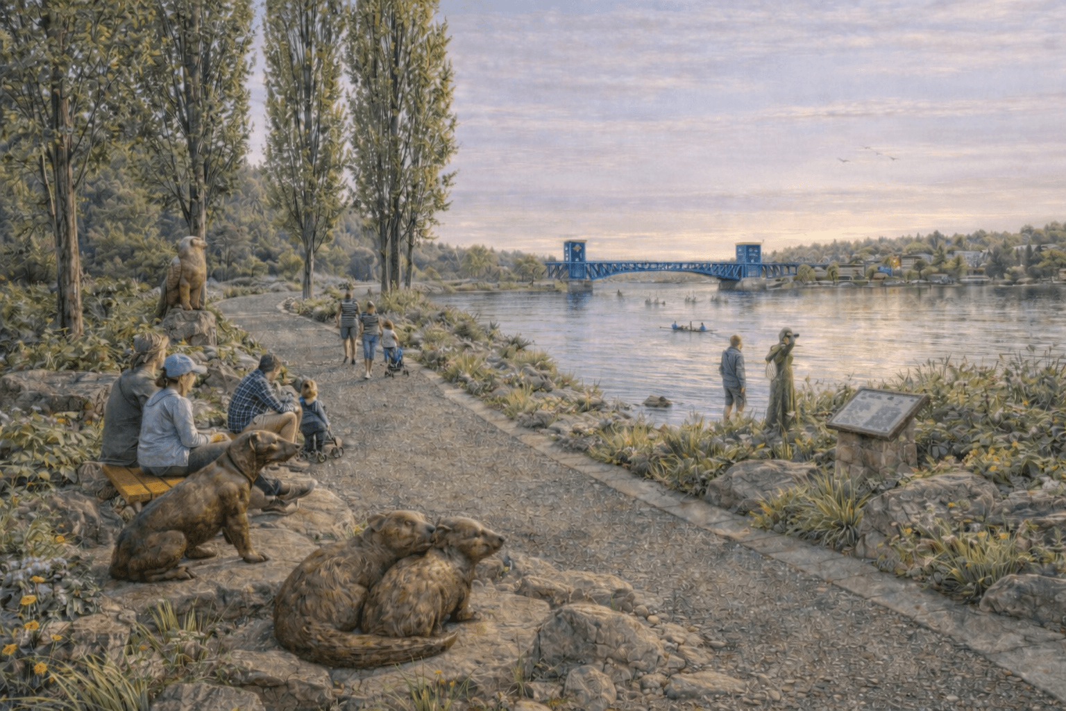 Artist rendering of the Fremont Canal Sculpture Garden — a meandering path along the canal with bronze wildlife sculptures, seating areas, and native plantings